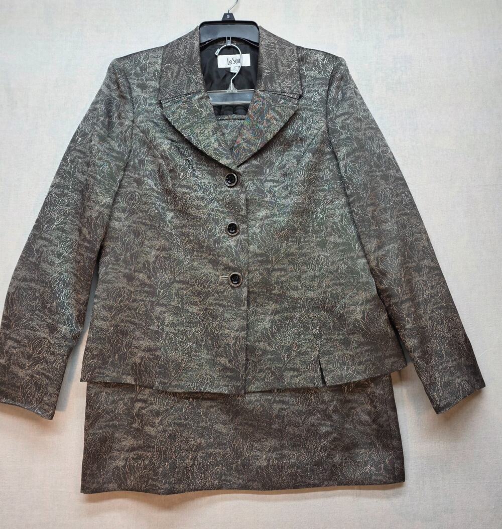Le Suit Women's Brown Silver 2 Piece Skirt Blazer Corporate Formal Size 12